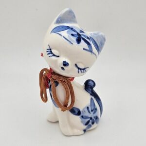 Vintage Elesva Holland Delft Blue Cat Figurine Porcelain Sleeping Kitty Dutch 3"